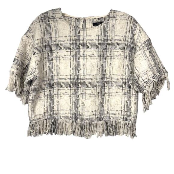 Fate‎ Fringe Trim Textured Tweed Cropped Top Size Medium Cream Black Plaid Boxy - Picture 1 of 4